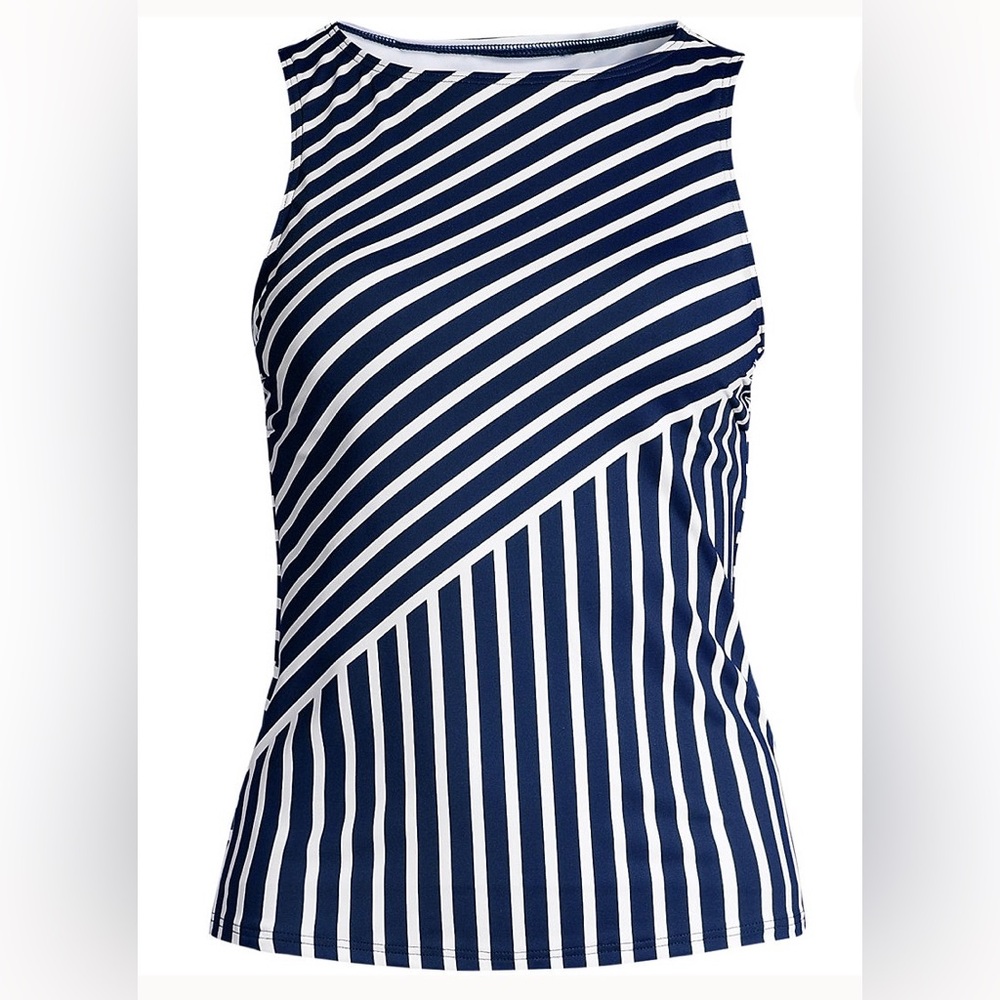 LAND'S END Navy/WHT Stripe High Neck Modest/Full Coverage Tankini Swim Top 16DD - Picture 5 of 15